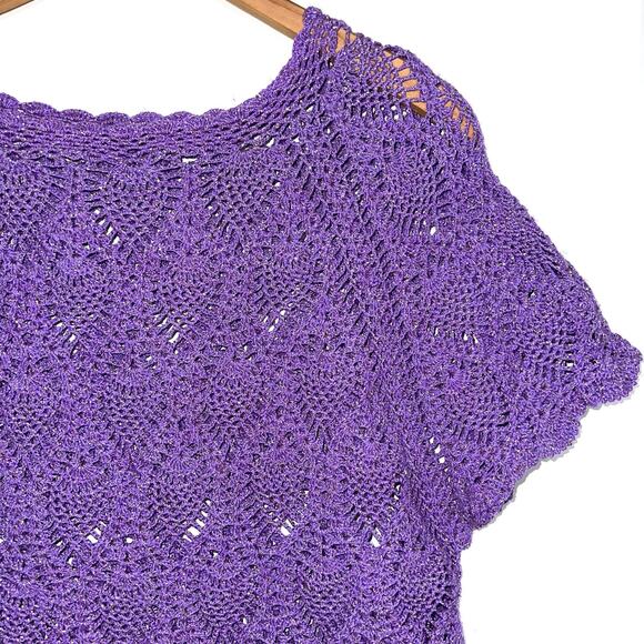 Handmade Crochet Purple Sparkle Pineapple Pattern Short Sleeve Top Size Medium - Picture 2 of 7